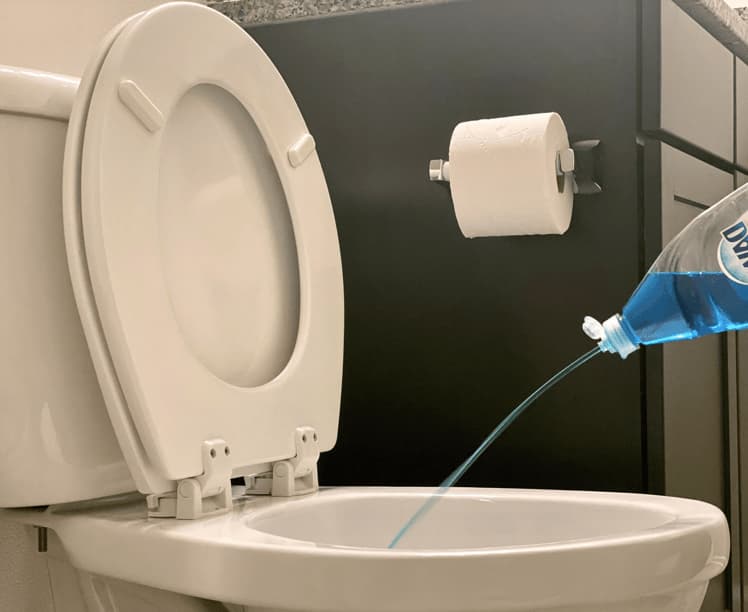 Pouring dawn dish soap in a toilet